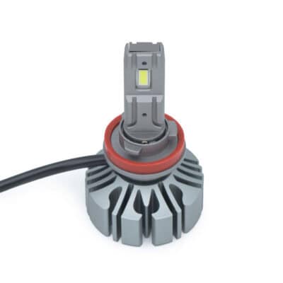 LUMENO LED headlight bulb for H11 with cooling fan and wiring.