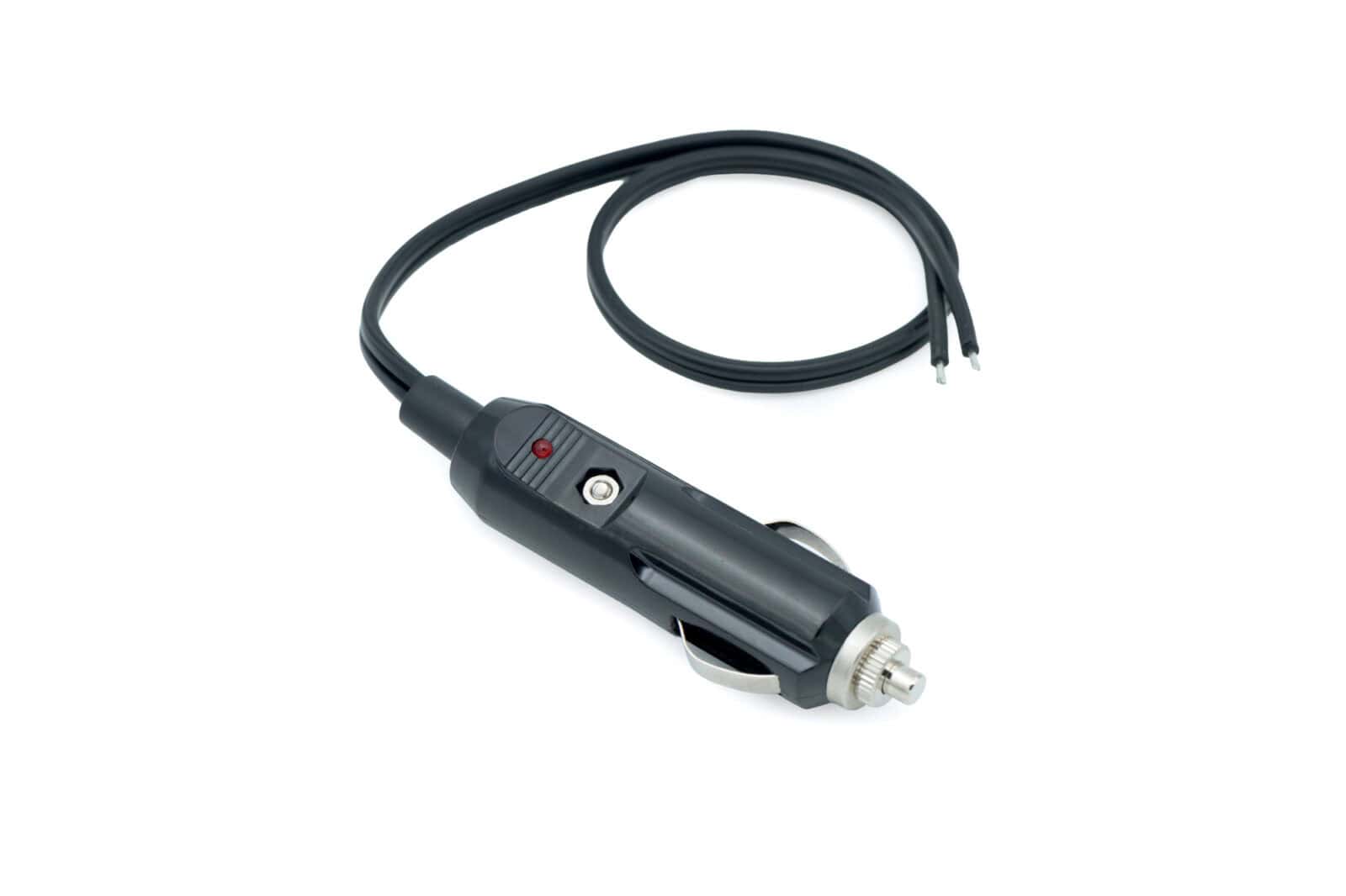 Male lighter plug with attached wire for LED lighting applications.