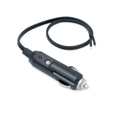 Male lighter plug with attached wire for LED lighting applications.