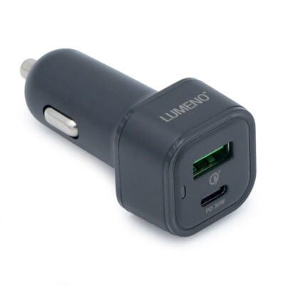 LUMENO QC3 + C-Type Car Charger for fast charging devices.