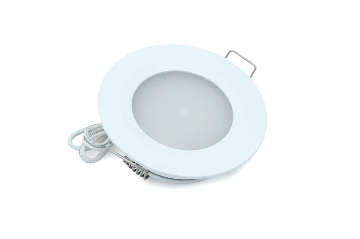 Caravan downlight with warm white LED, round design, and adjustable mounting.