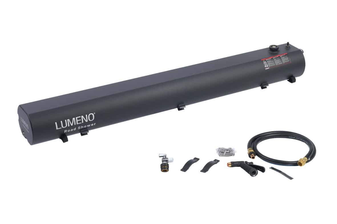 LUMENO Roadshower portable water heater for outdoor camping and vehicles.