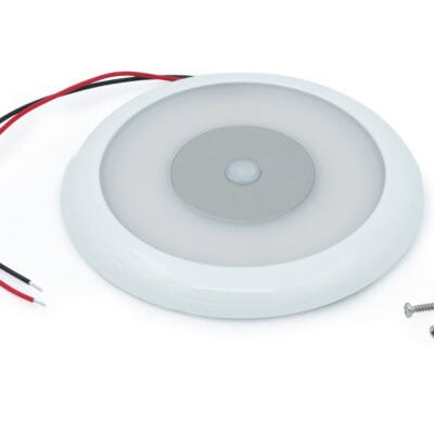 Round dimmable LED light with wiring and screws for installation.