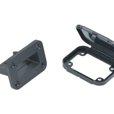 Square connector holder for 50 Amp electrical connections, black plastic material.