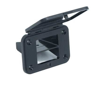 Square connector holder for double 50 amp connections, black plastic, with protective cover.