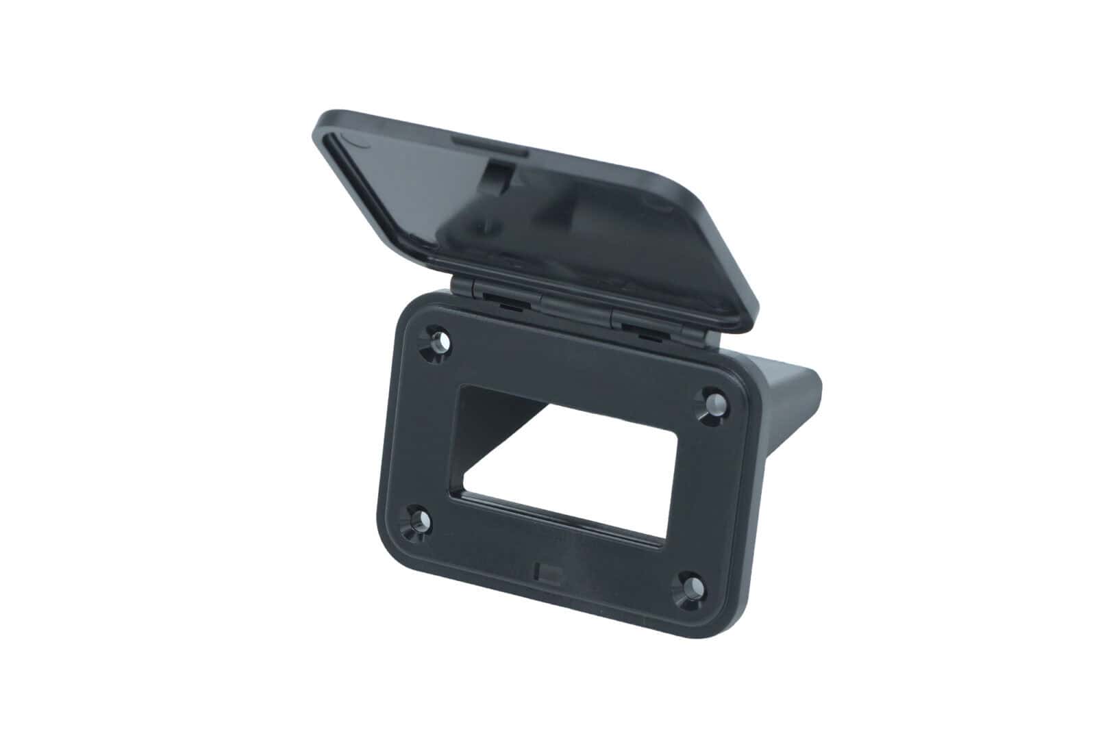 Square connector holder for electrical connections, 120 amp capacity, durable plastic construction.
