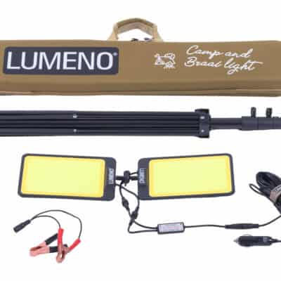 Portable LED camp and braai light with accessories for outdoor use.