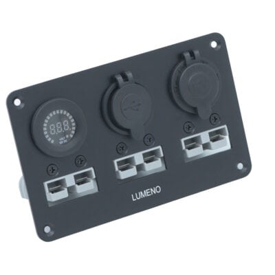 Square connector panel with volt meter and USB ports for electrical connections.