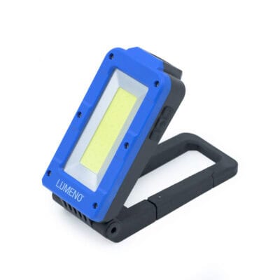 Blue multifunction LED work light with adjustable stand for versatile lighting.
