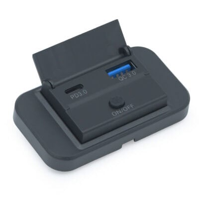 Compact panel mount charger with USB port for LED devices.