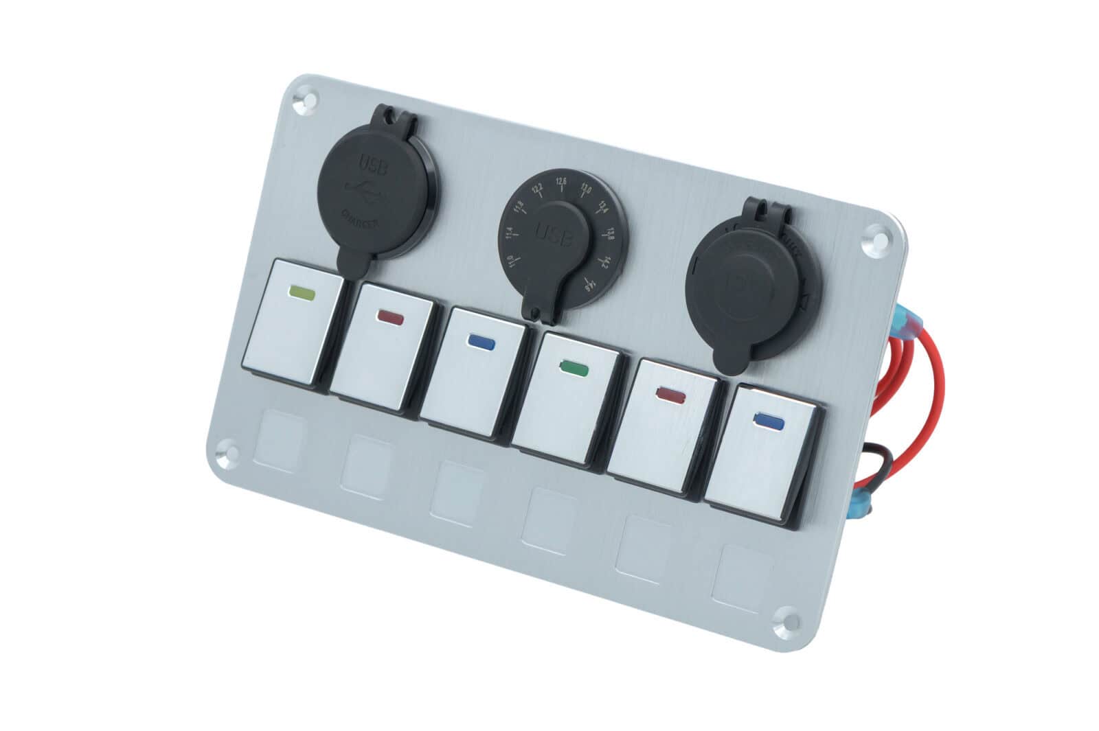6-switch silver panel with power sockets and timer for electrical control.