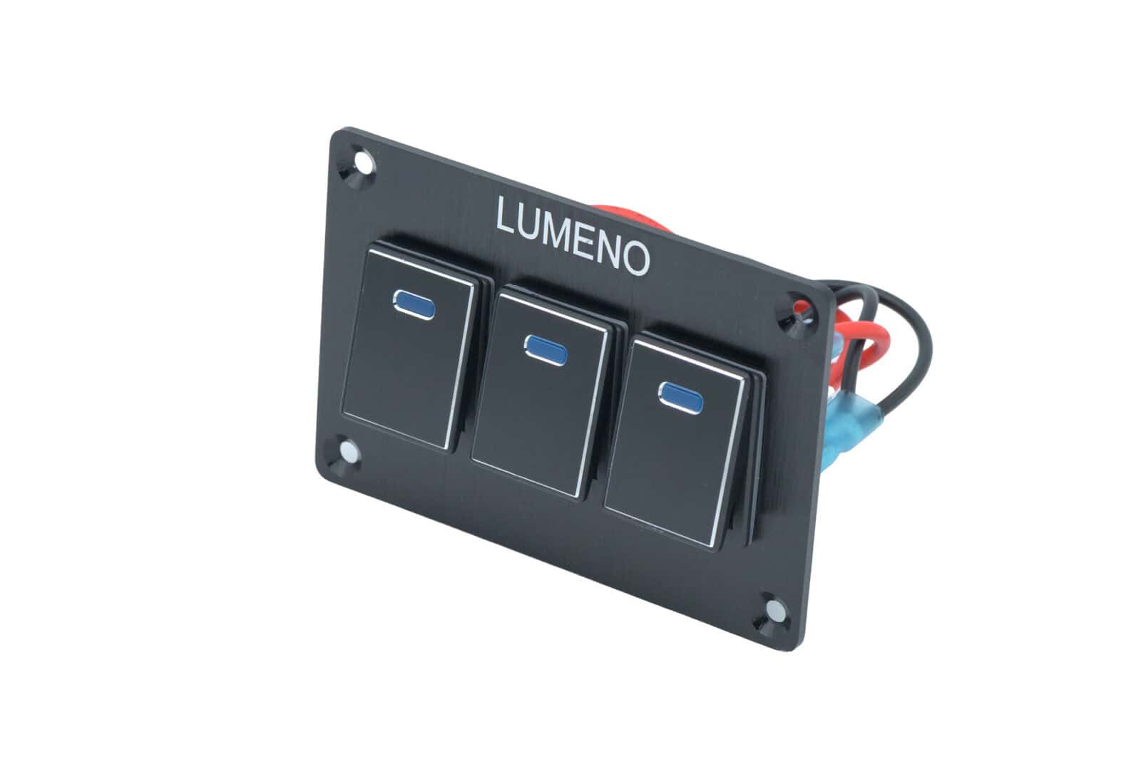 Black 3-switch panel for lighting control by Lumeno.
