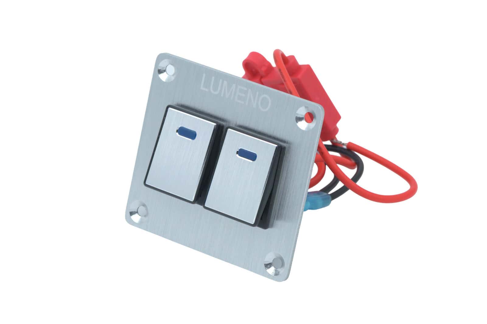 Silver 2-switch panel with wiring for electrical control.