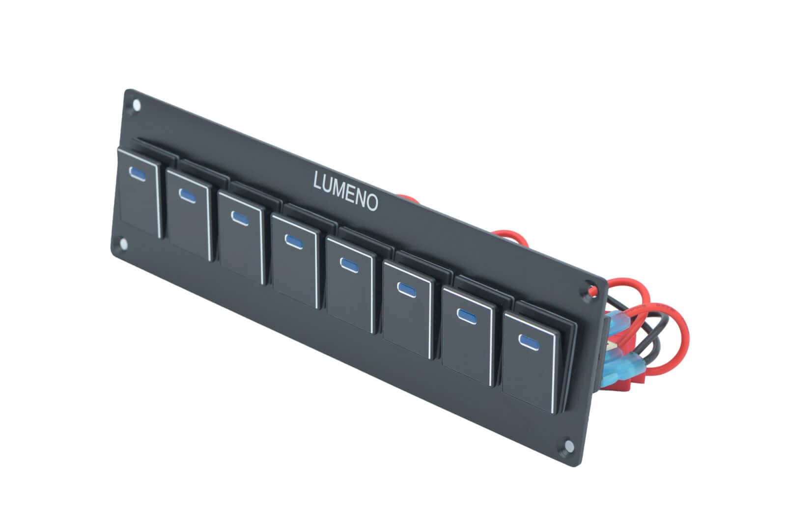 Black 8-switch panel for lighting control by Lumeno.