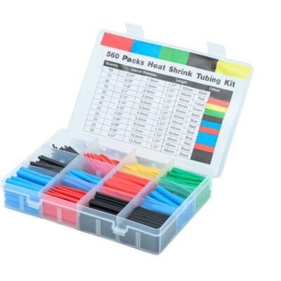 Multi-colour heat shrink sleeve kit with 560 pieces for electrical insulation.