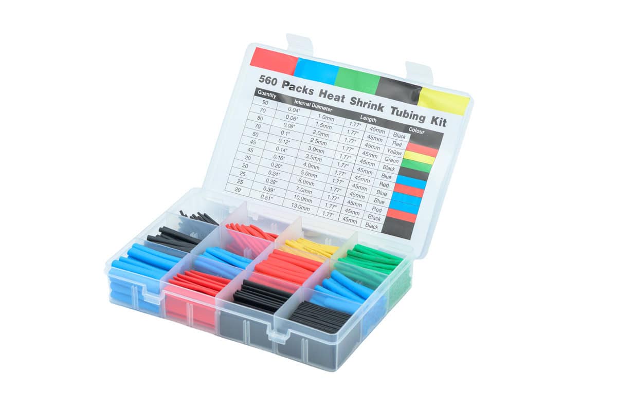 Multi-colour heat shrink sleeve kit with 560 pieces for electrical insulation.