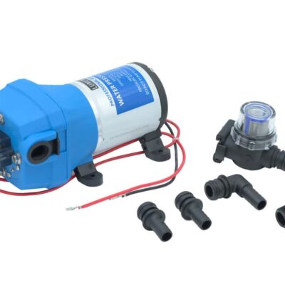 12V adjustable flow pump with fittings for water systems.