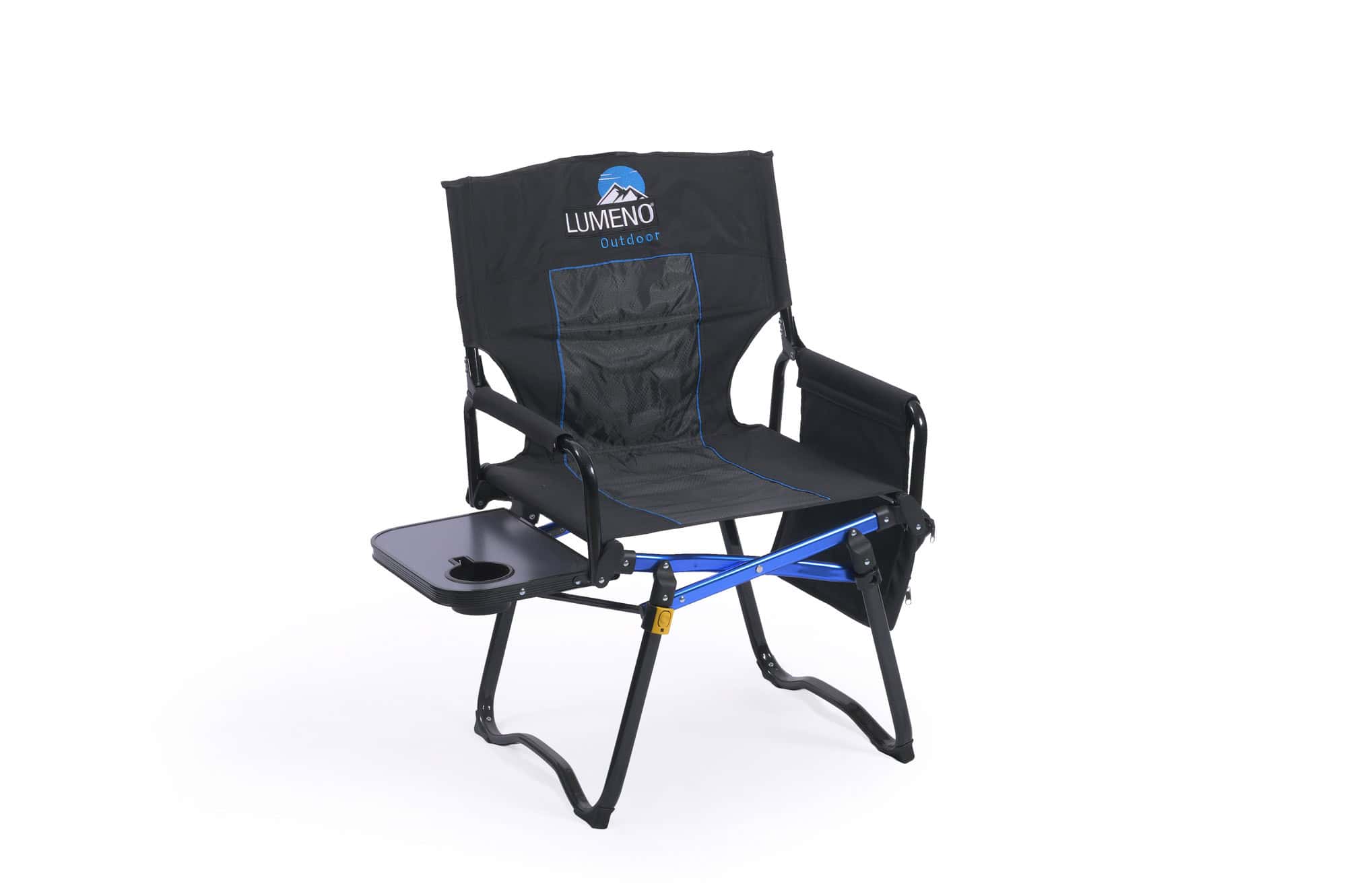 LUMENO outdoor camping chair with side table and cup holder.