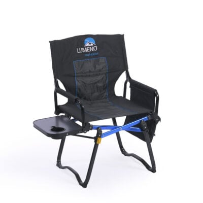 LUMENO outdoor camping chair with side table and adjustable backrest.