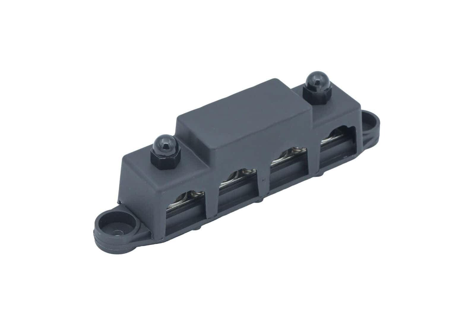 Black bus bar terminal for 250A 48V negative connections.