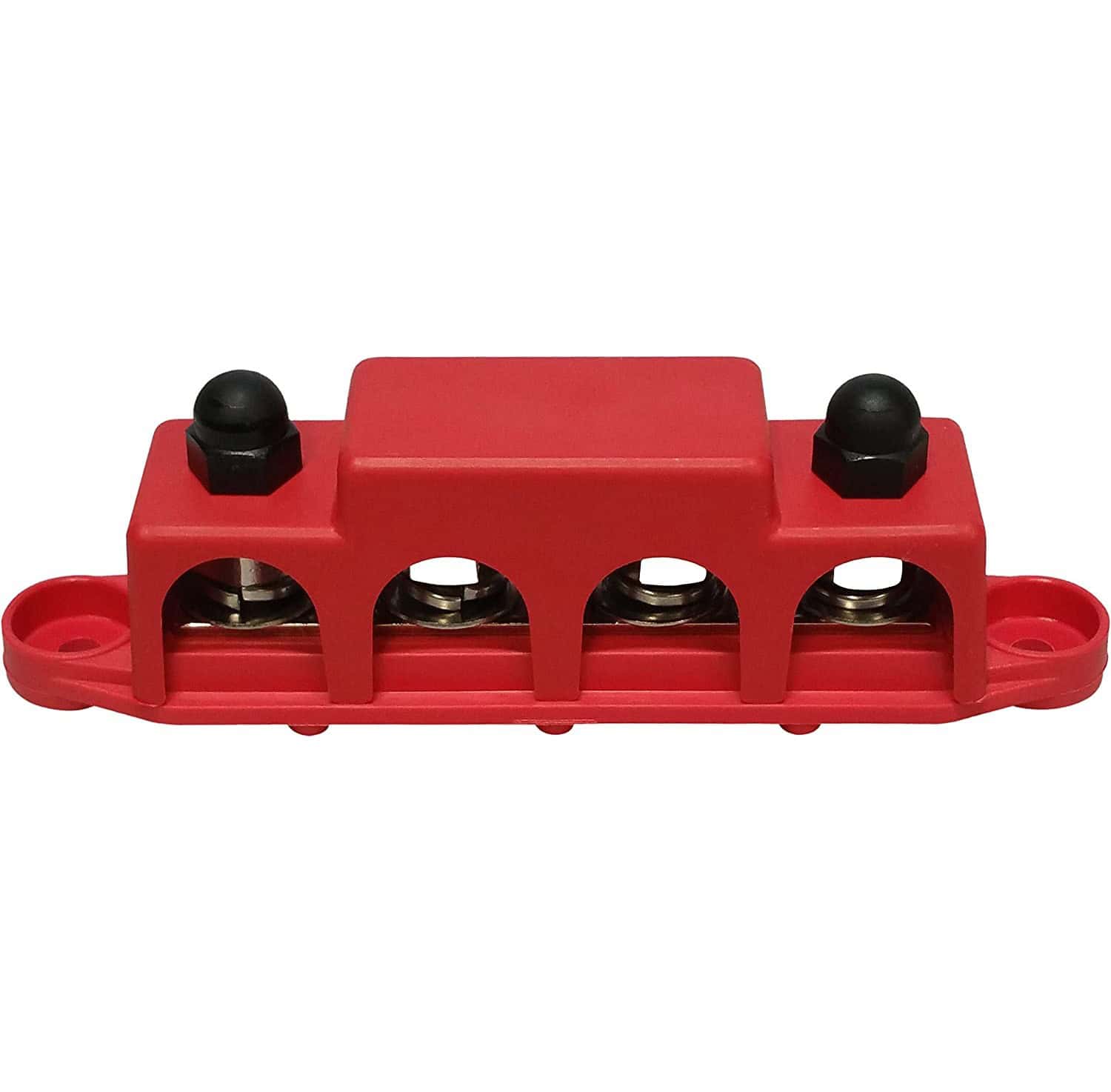 Red bus bar for 250A 48V electrical connections with multiple terminals.