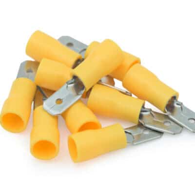 Yellow insulated male terminal connectors for electrical wiring.