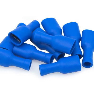 Blue insulated female terminal connectors for electrical wiring.