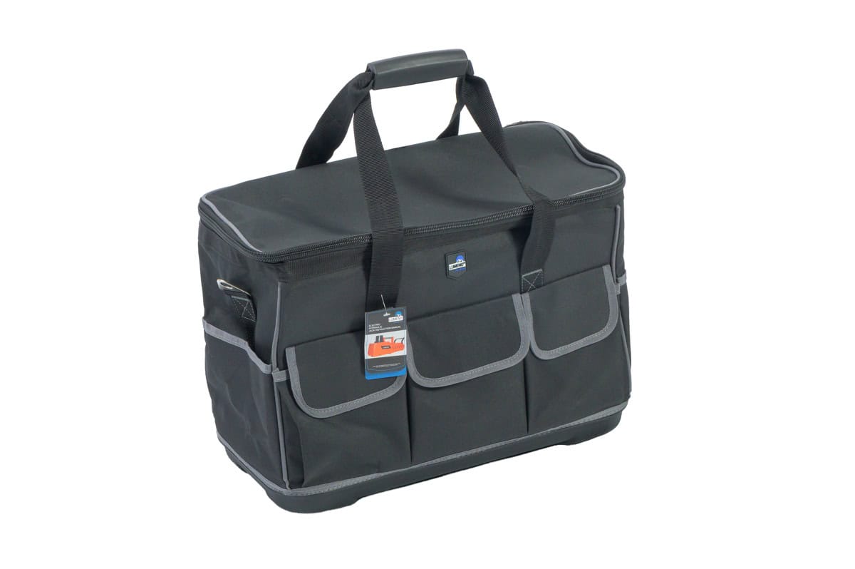 Black tool bag with multiple pockets and handles for carrying tools.