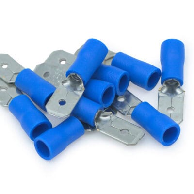 Blue insulated male terminal connectors for electrical wiring.