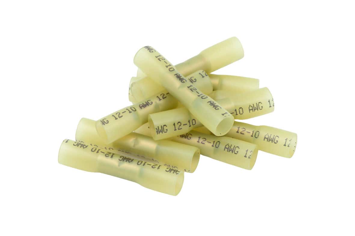 Yellow heat shrink connectors for electrical wiring, 50 pack for insulation and protection.