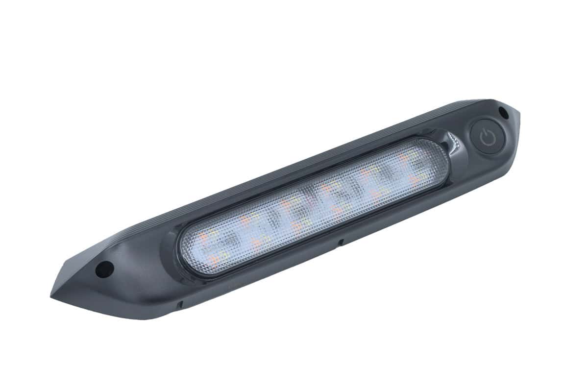 Dual camper LED light with power button for outdoor camping and RV use.