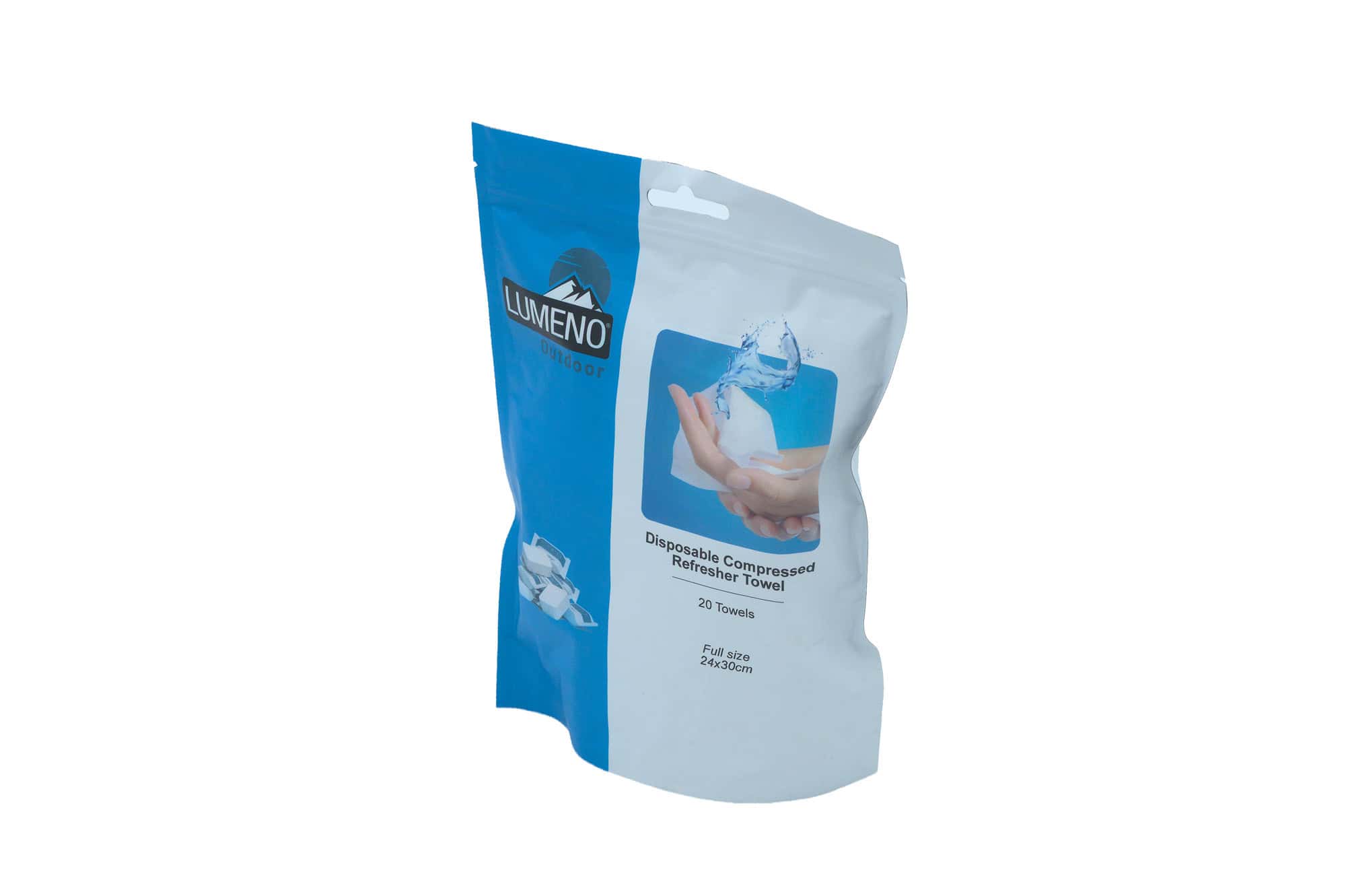 LUMENO disposable compressed hand towels in a white and blue package.