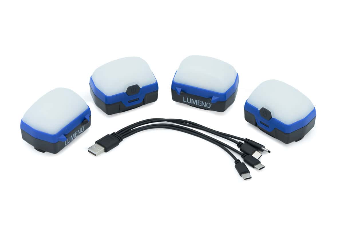 LUMENO rechargeable camping lights with USB charging cables.