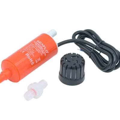 Seaflo water pump with power cord and fittings for submersible applications.