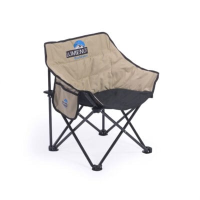 LUMENO outdoor camping chair with beige fabric and black frame.