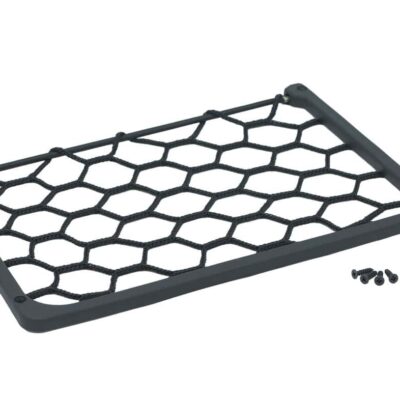 Durable black mesh camper net with mounting screws for outdoor camping.