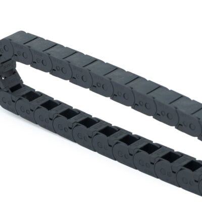 Black 15x15mm drag chain for cable management and automation systems.