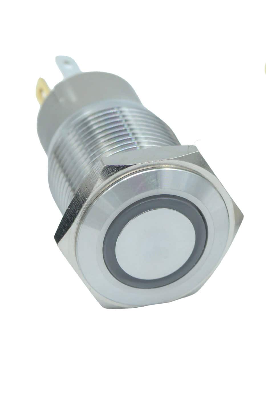 Stainless steel switch with white LED indicator for industrial use.