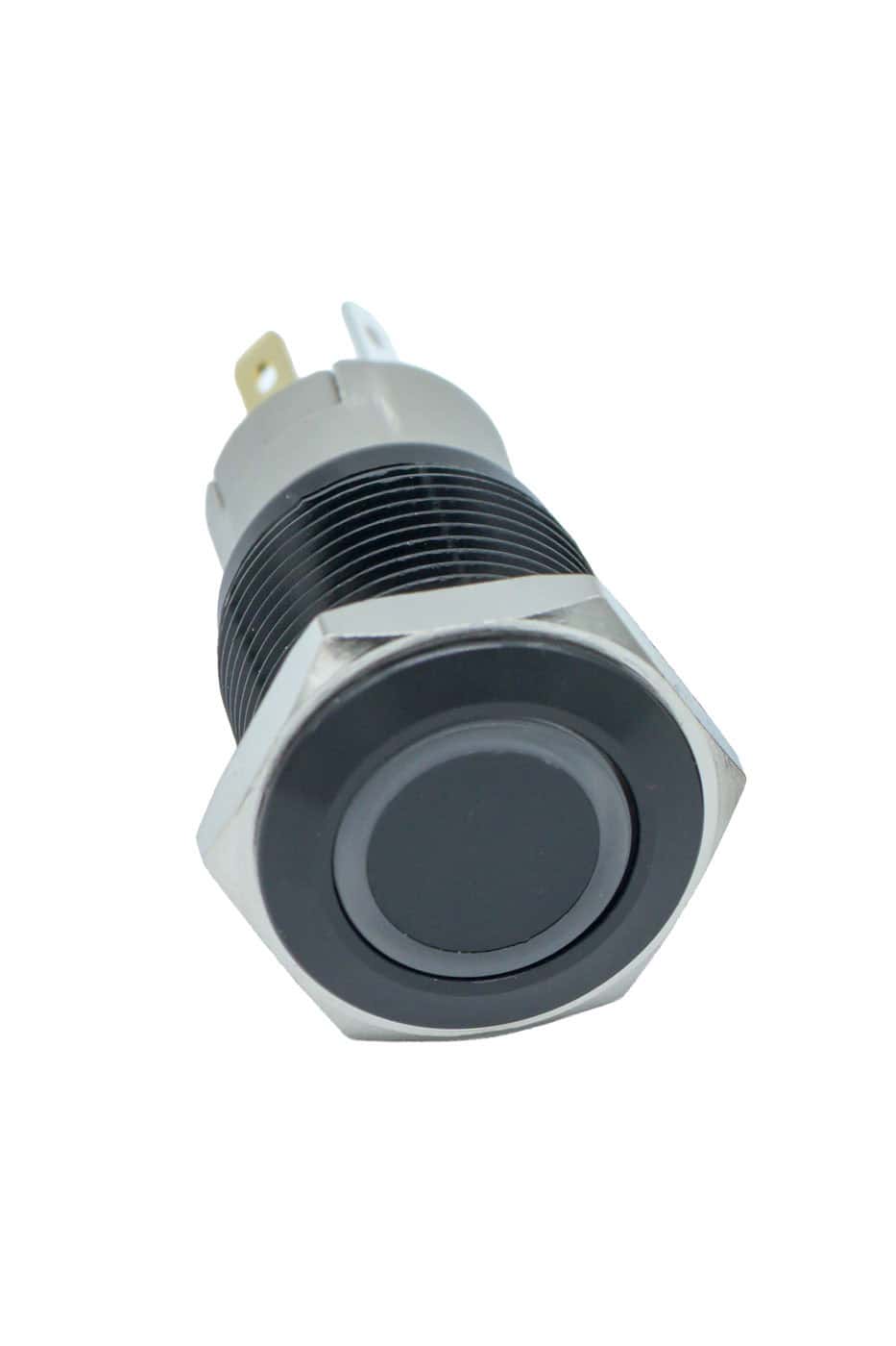 Stainless steel switch with white LED indicator for industrial use.