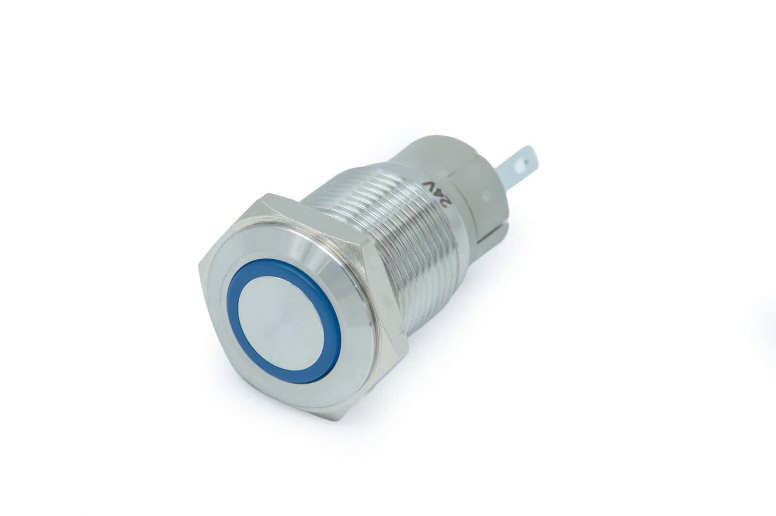 Stainless steel switch with blue LED indicator for industrial use.