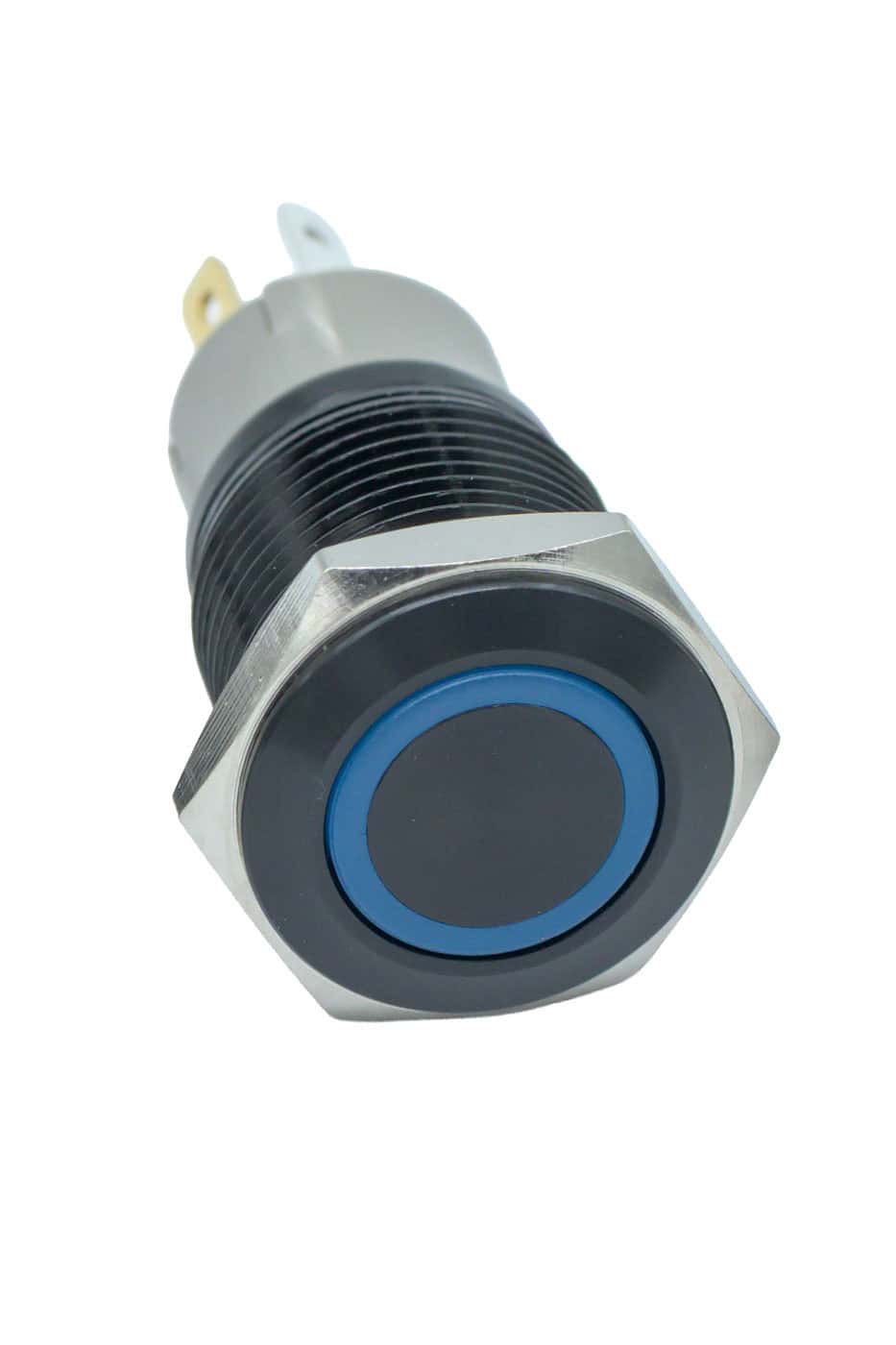 Stainless steel switch with white LED indicator for industrial use.