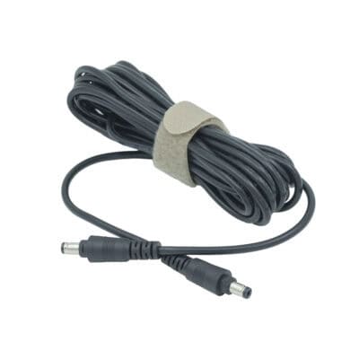 Black LED strip light power cable with DC connector for lighting systems.