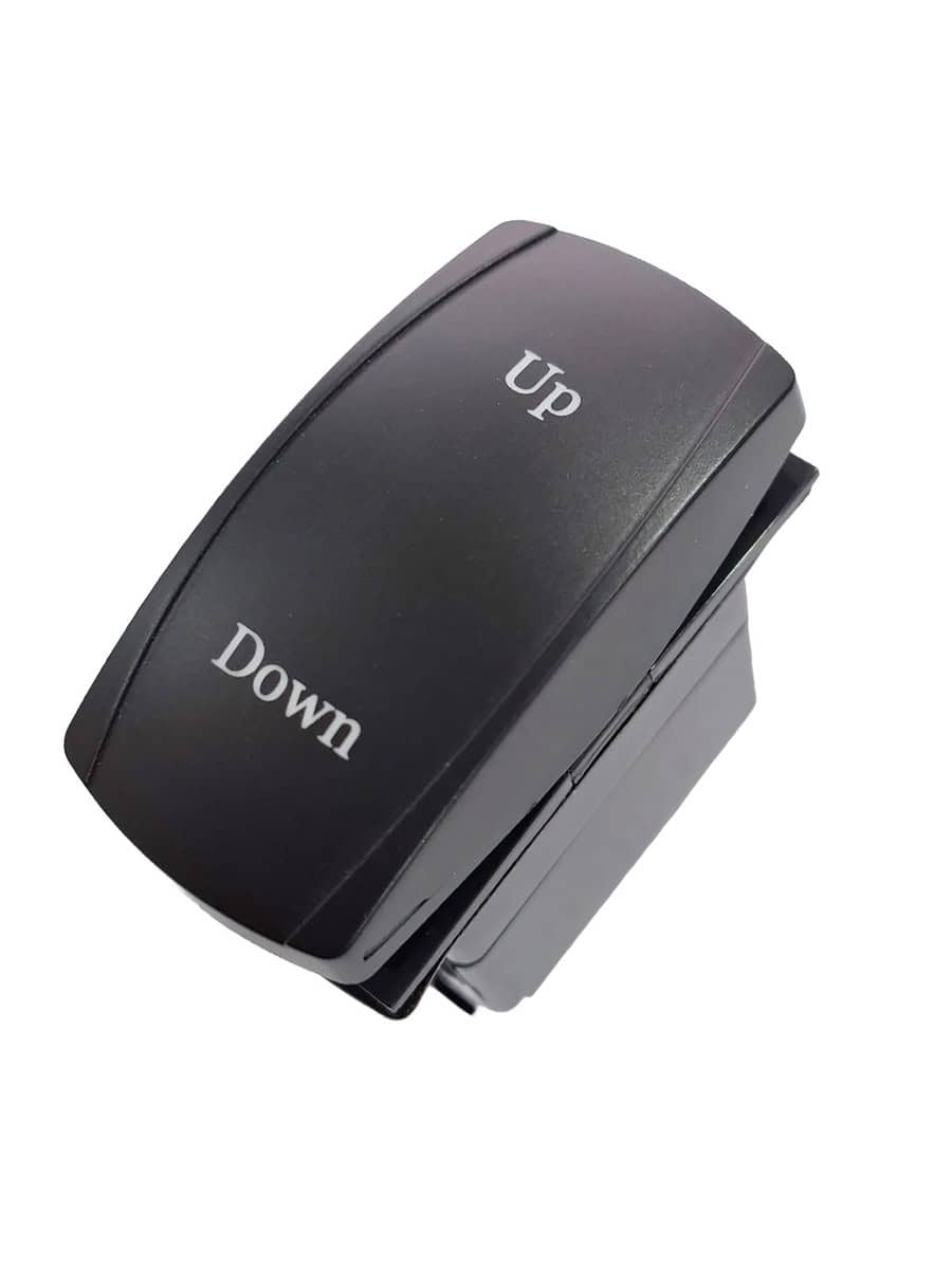 Special rocker switch for up/down control, black with white labels.