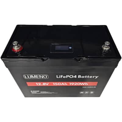 LUMENO 150Ah C1 Battery with black casing and terminals for solar or energy storage.
