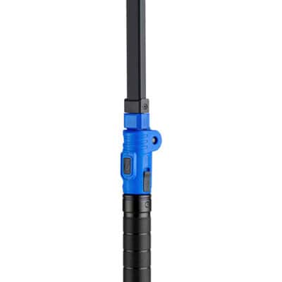 Rechargeable LED work light with adjustable head and handle in blue and black.