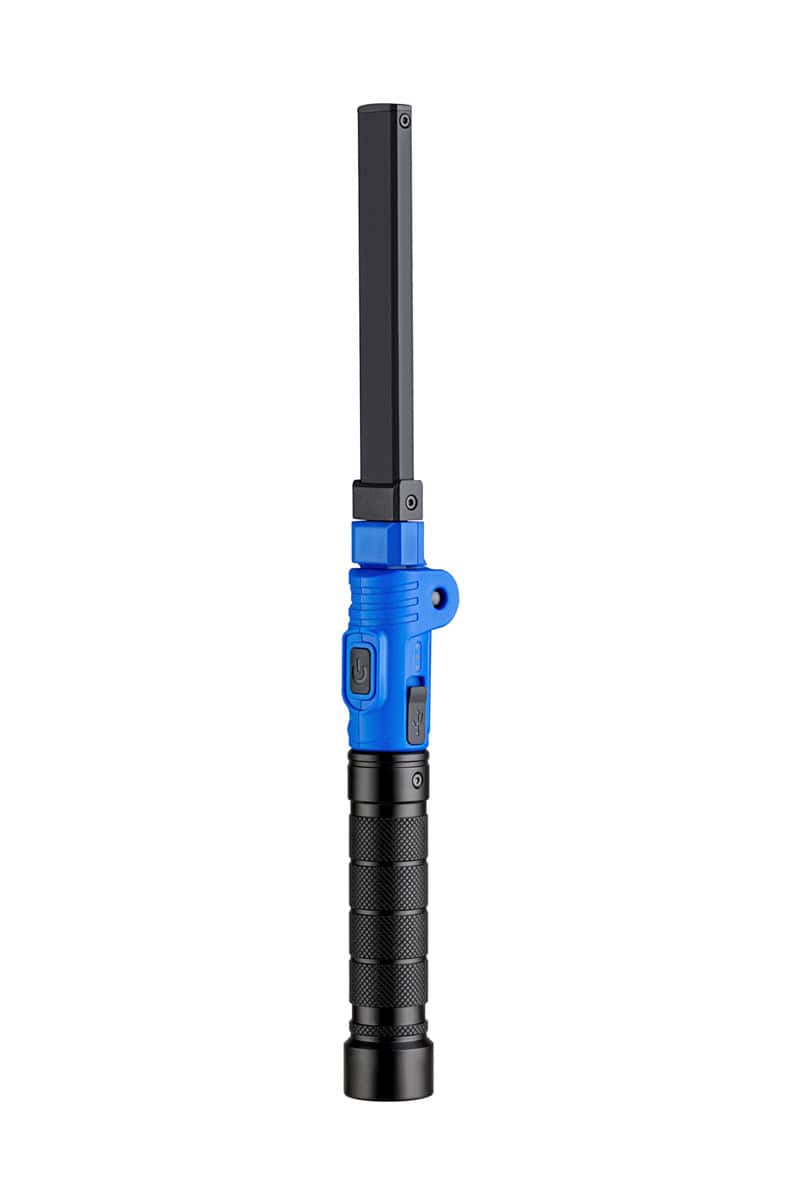 Rechargeable LED work light with adjustable head and handle in blue and black.