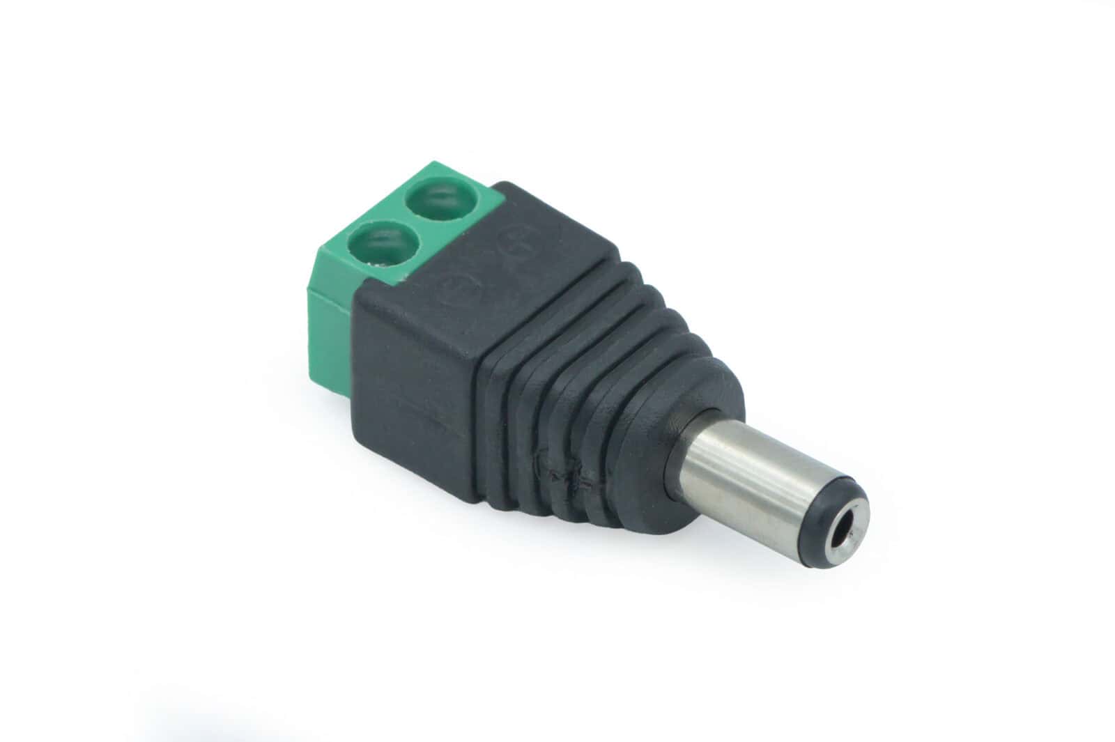 Male DC power plug for LED lighting and electronic devices.